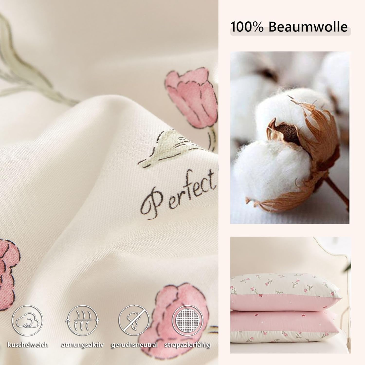 Detalle de Freyamy Blumen Bettwäsche 220x240 cm, 3-teilig, 100% Baumwolle, Weiß-Rosa-Grün Floral Bettbezug mit Reißverschluss