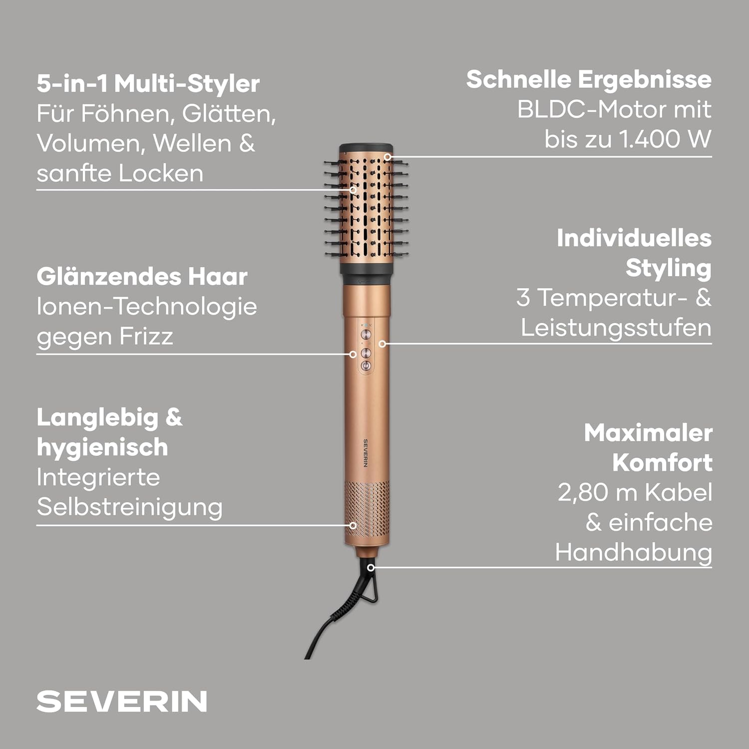 Detalle 2 de Severin 5-in-1 Airstyler WL 0685 – Multifunction Hairstyler mit 1300–1500 W, 5 Aufsätzen und Ionic-Technologie