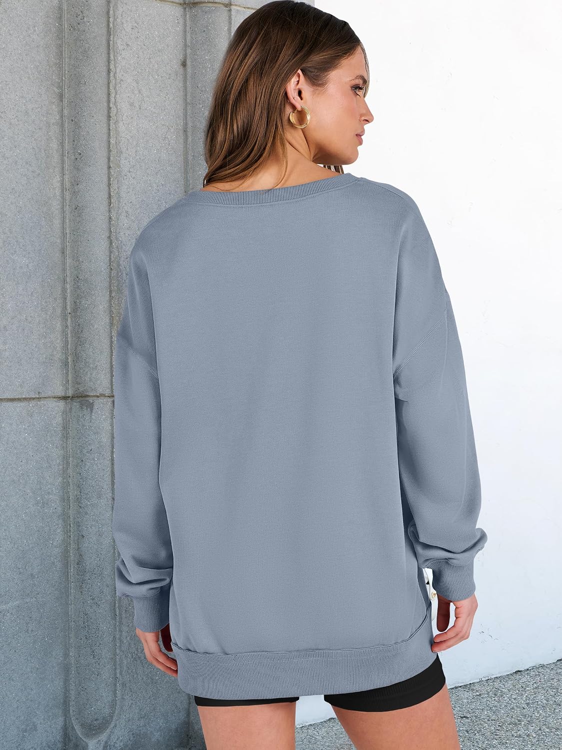 Detalle de ANRABESS Women's Oversized V-Neck Sweatshirt with Patchwork and Longer Hem