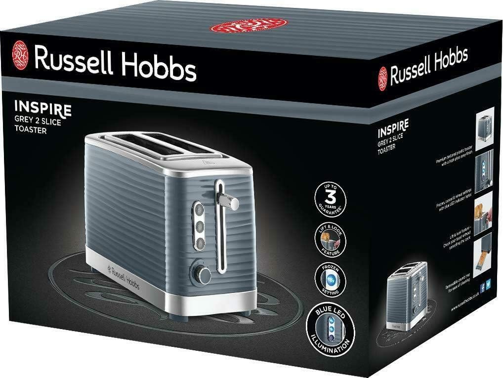 Detalle de Russell Hobbs Inspire 2 Slice Toaster (Grey, 1050W) with Extra Wide Slots and Lift & Look