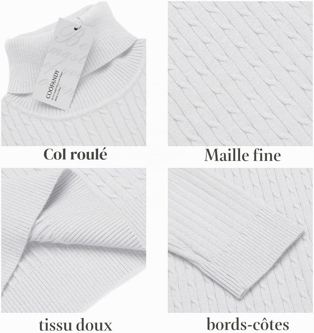 Detalle de Pull à col roulé COOFANDY pour homme – manches longues, maille fine, coupe ajustée