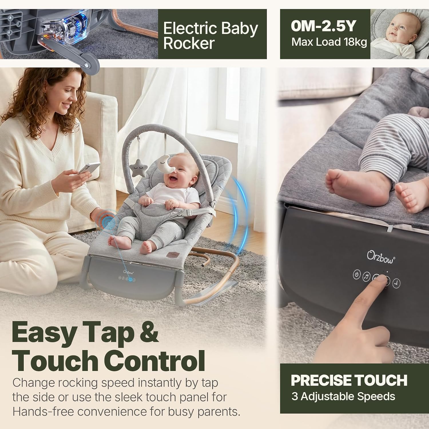 Thumbnail 1 de Electric Baby Bouncer with Tap Control and 3 Swing Speeds