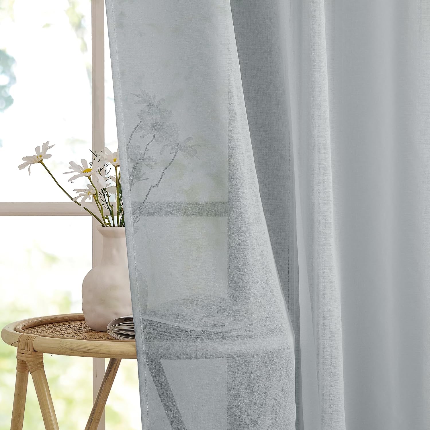 Detalle 2 de PONY DANCE Tende Moderne per Soggiorno: voile effetto lino con 8 occhielli, 2 pezzi 140x245 cm grigio chiaro