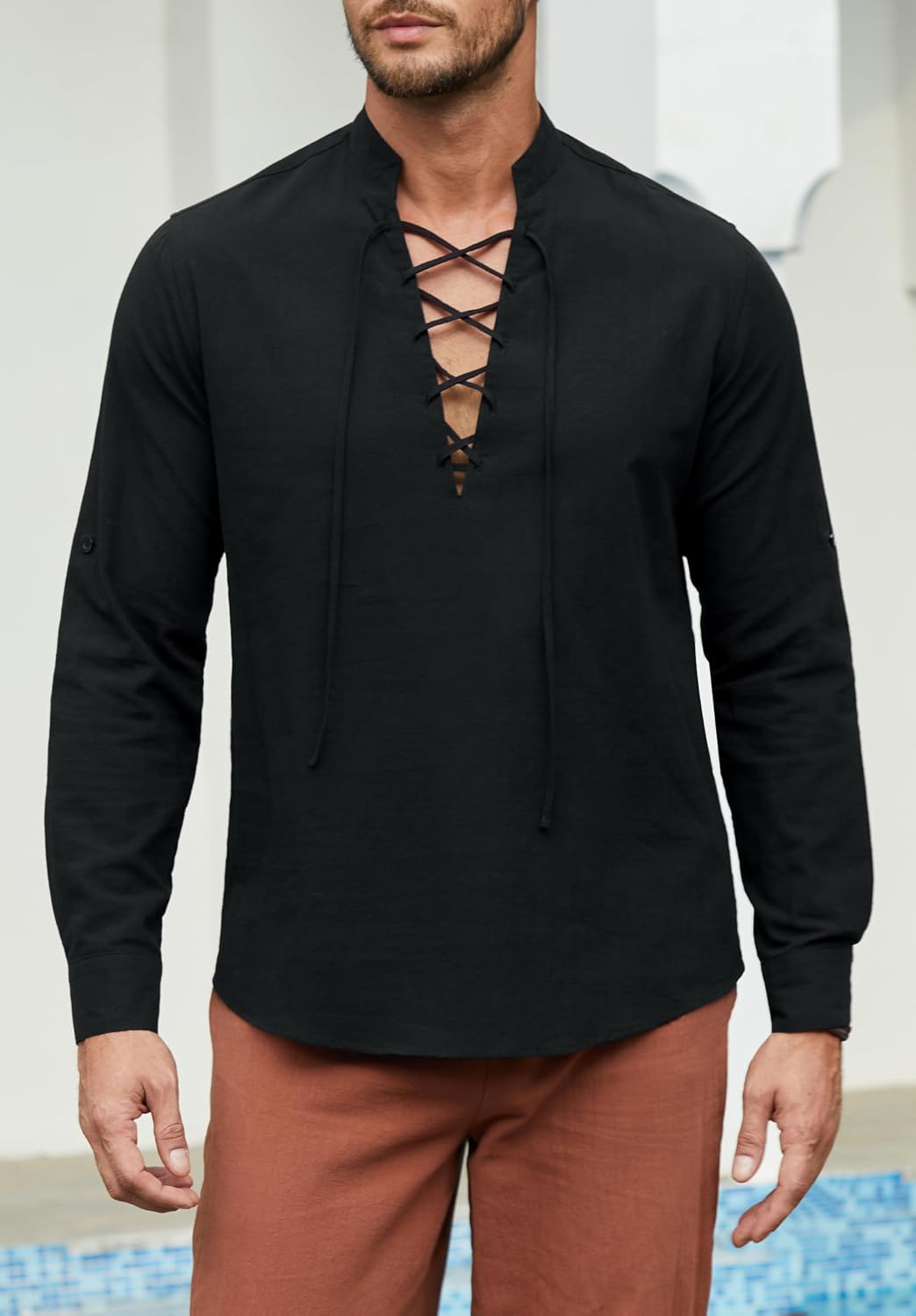 Detalle 2 de Enlision Leinenhemd Herren Langarm – Medievaler Look mit Kordelzug, 70% Baumwolle/30% Leinen