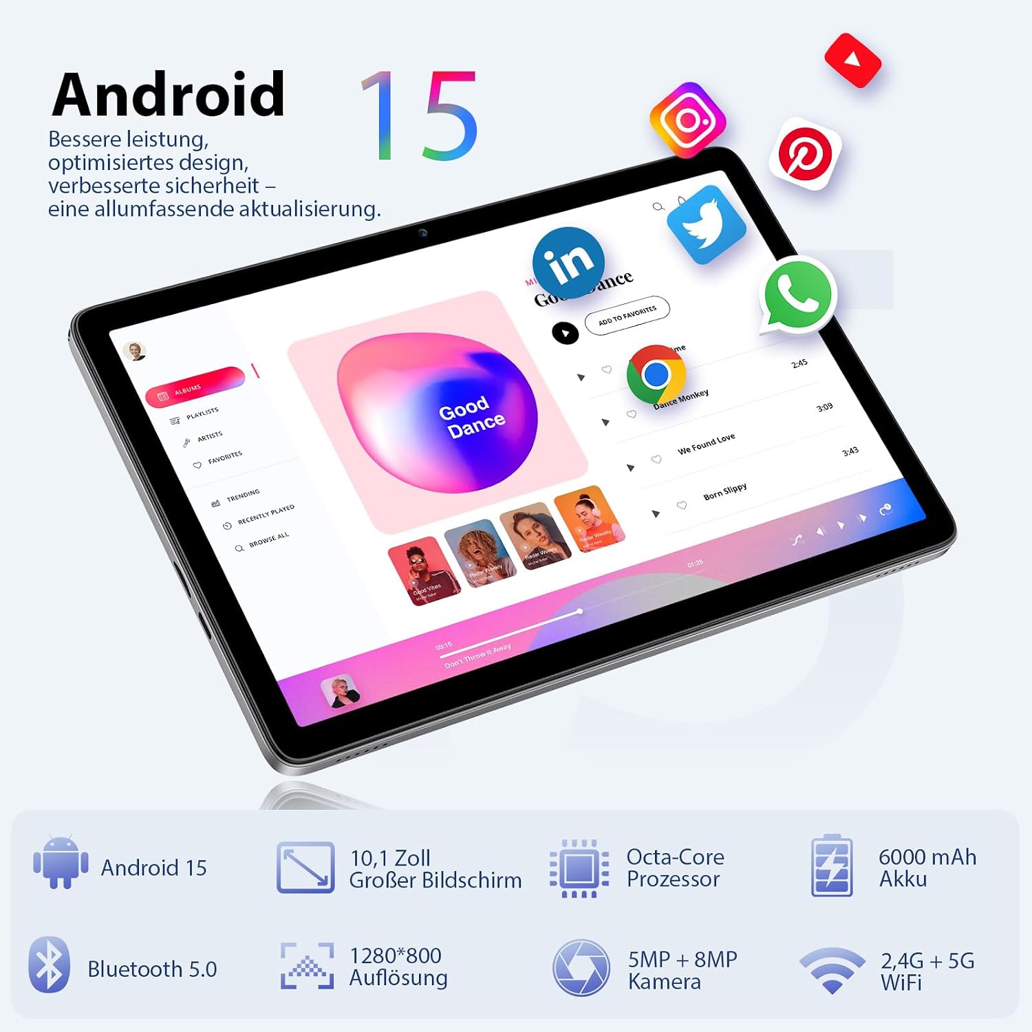 Detalle de Tablet 10 Zoll Android 15 mit Hülle, Maus & Tastatur, Octa-Core, 24 GB RAM + 128 GB ROM + 1 TB TF, 1280x800 HD IPS-Display