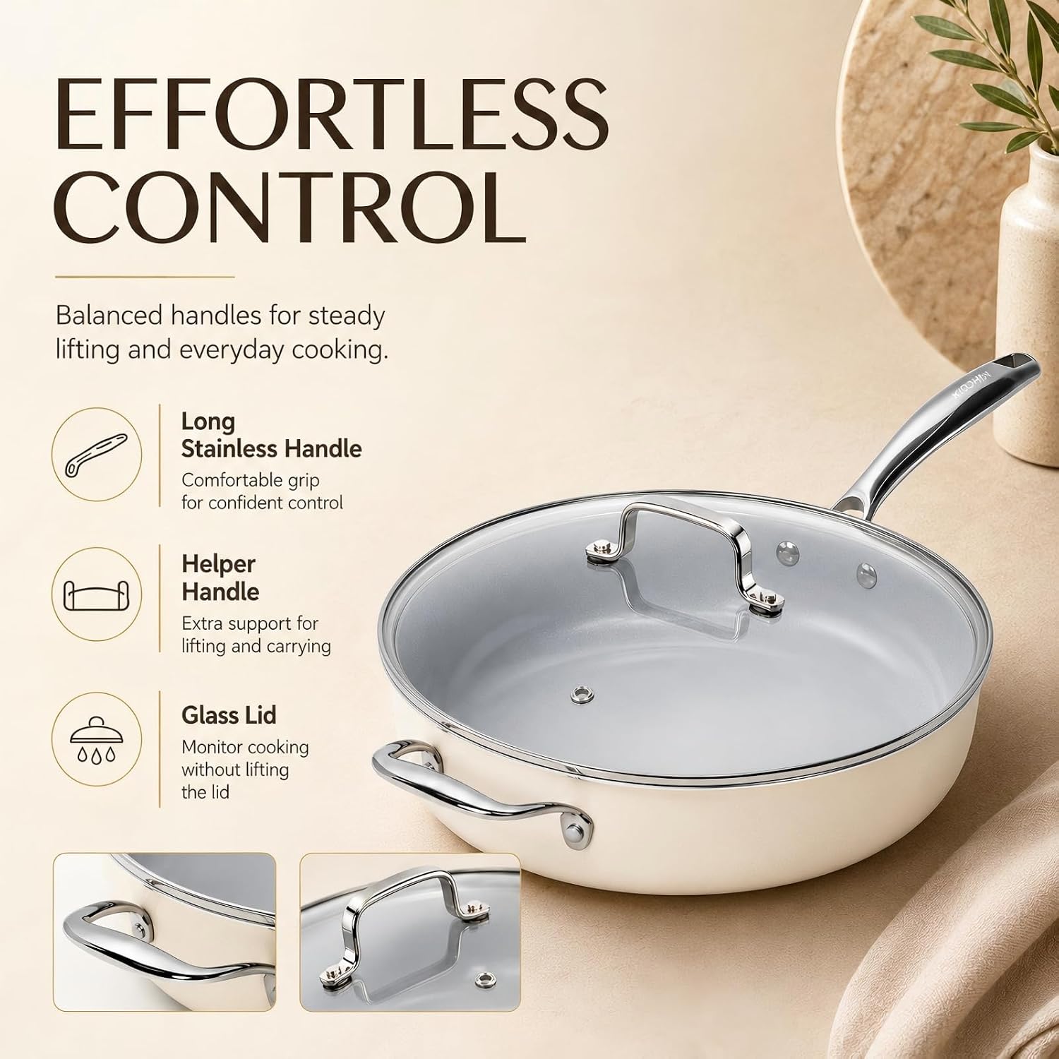 Detalle de Kikcoin 12-Inch Ceramic Nonstick Frying Pan with Lid — 5 Qt Deep Saute Pan for Induction & Oven Use