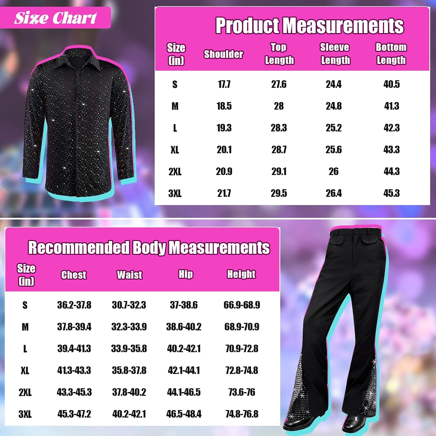 Detalle 1 de KDAFJLKD 7-Piece 1970s Disco Costume for Men with Bell-Bottom Pants