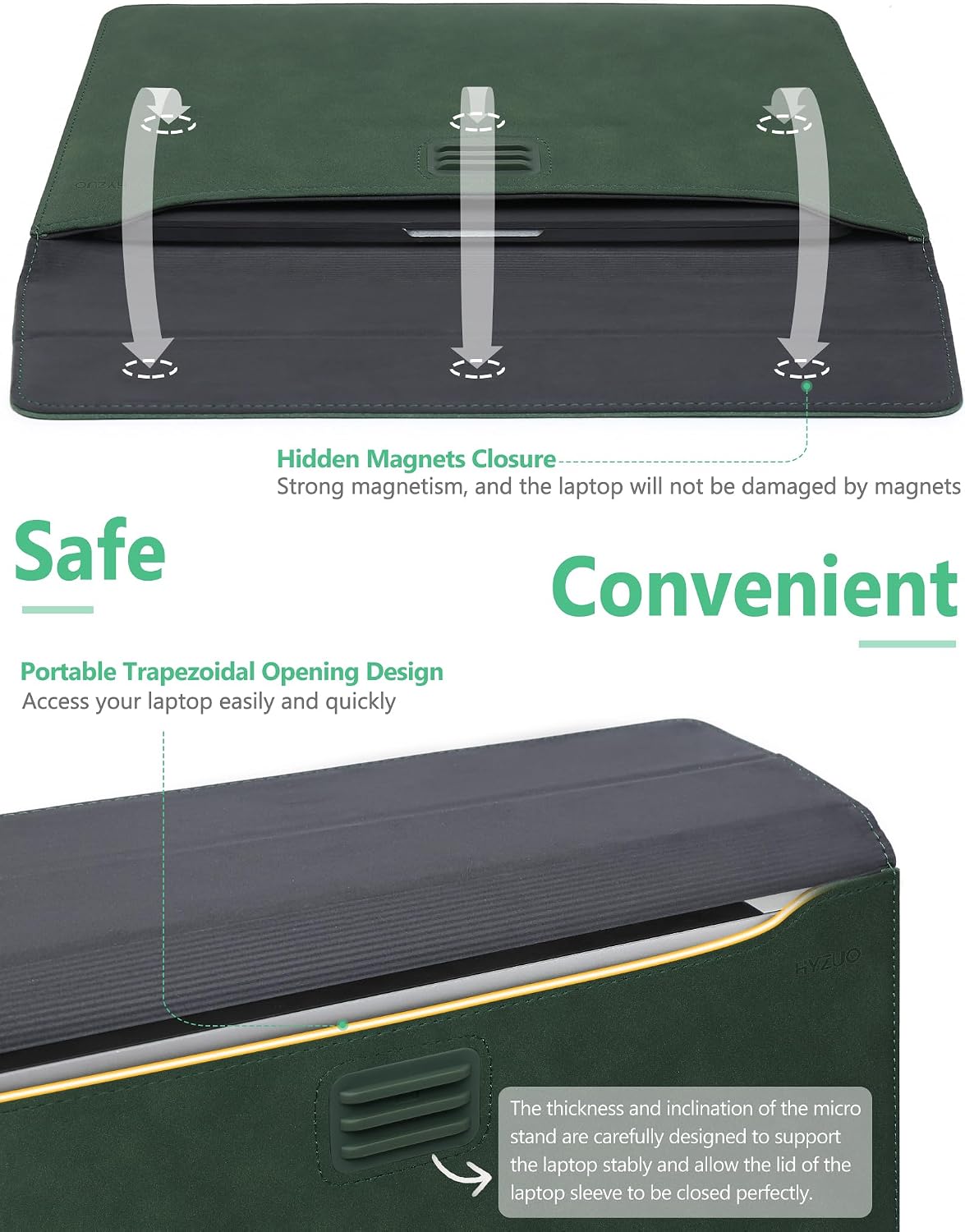 Detalle 2 de HYZUO 15-16 Inch Laptop Sleeve Case with Adjustable Stand – Midnight Green (A3428/A3429) for MacBook Pro 16 and 15, Dell XPS 15, HP Envy 15.6