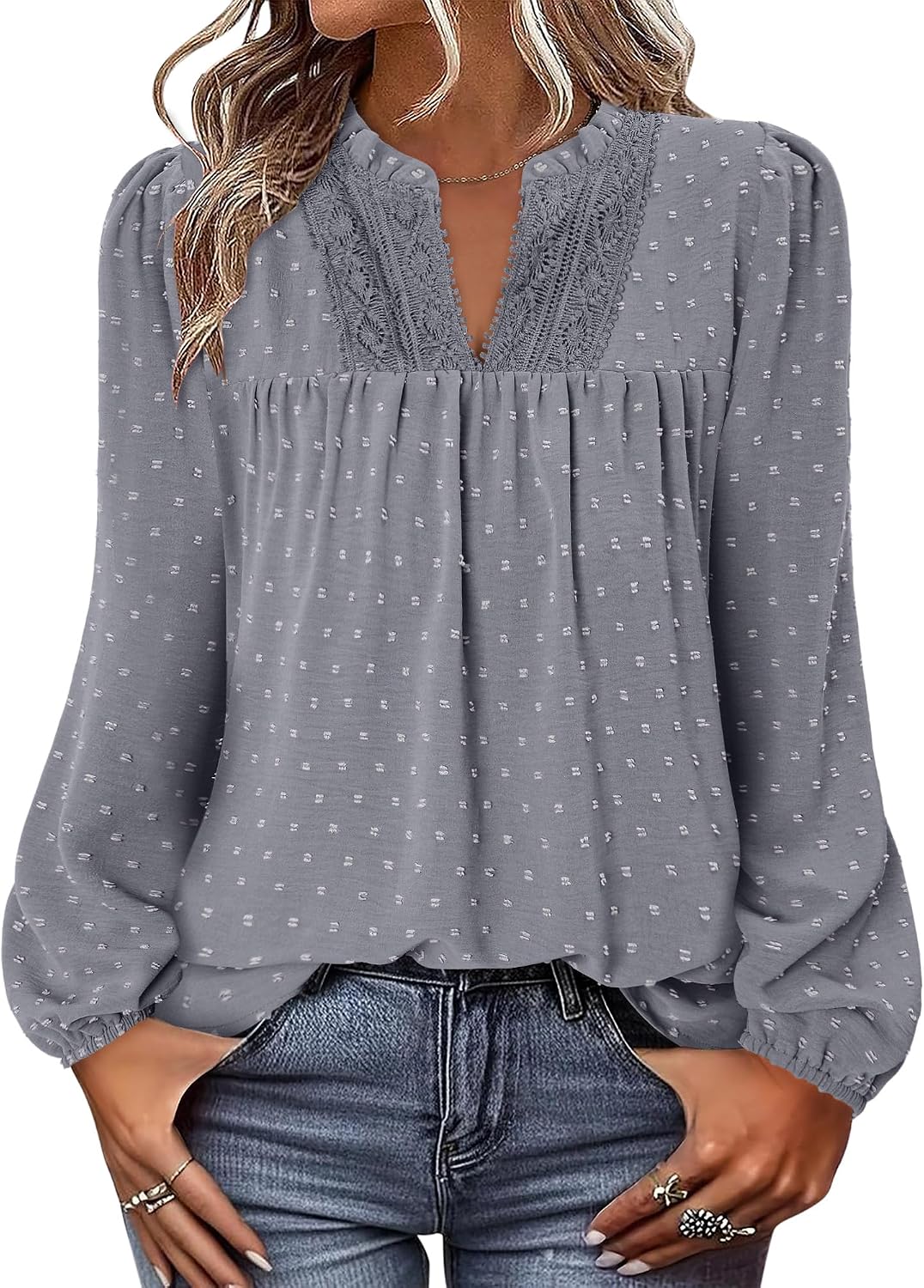 Detalle de onlypuff Women's V-Neck Swiss Dot Ruffle Tunic Top, Long Sleeves