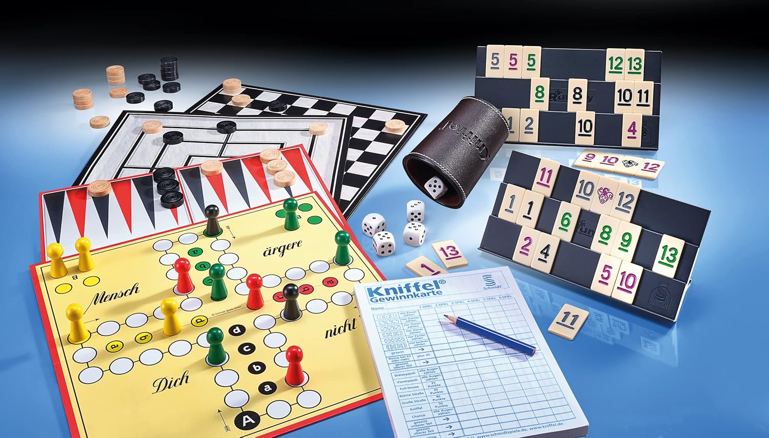 Detalle de Schmidt Spiele 49196 – Collezione di Giochi Classic Line Edition, Multicolore: Kniffel, myRummy e altro ancora