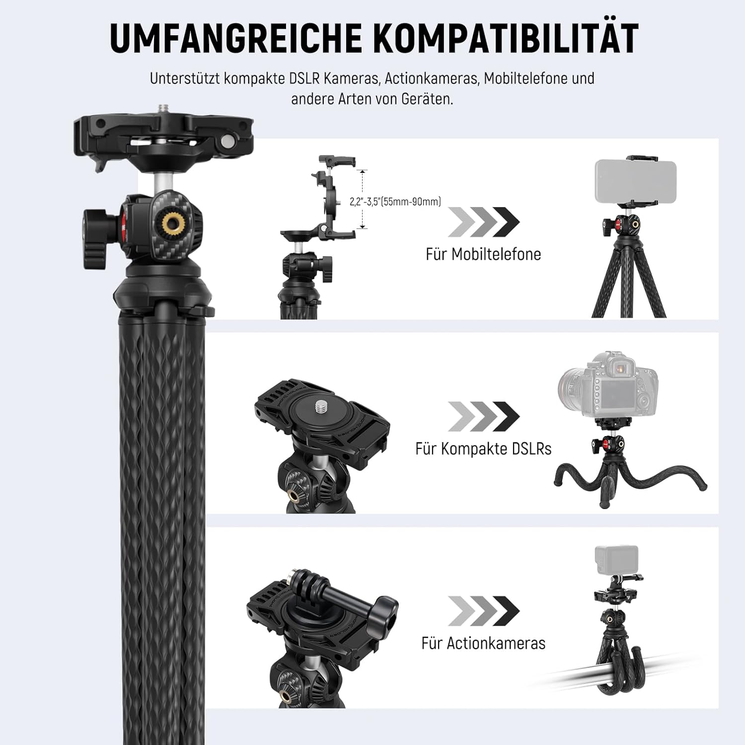 Thumbnail 3 de NEEWER Flexibles Handy Stativ (Mini-Tischstativ) mit verstecktem Telefonhalter und Action‑Kamera-Adapter – TP34