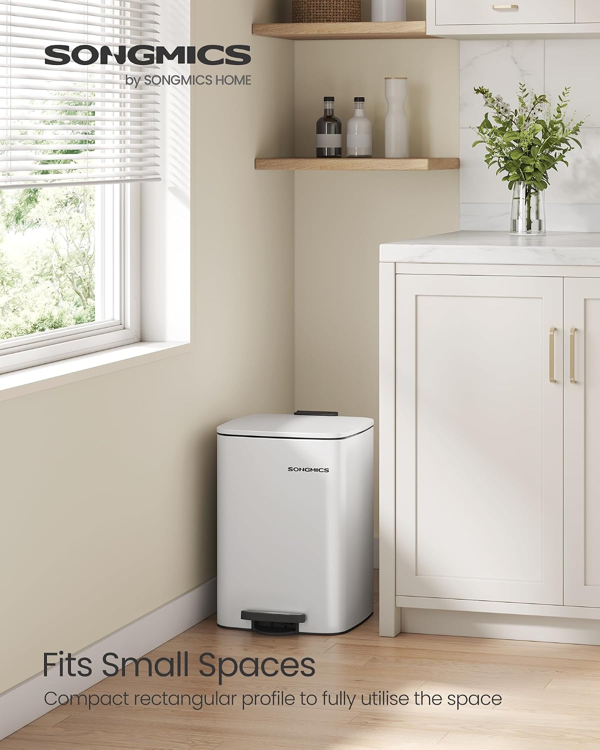 Detalle de SONGMICS LTB592W02 Steel Pedal Bin, 20 L, Cloud White, Soft-Close Lid