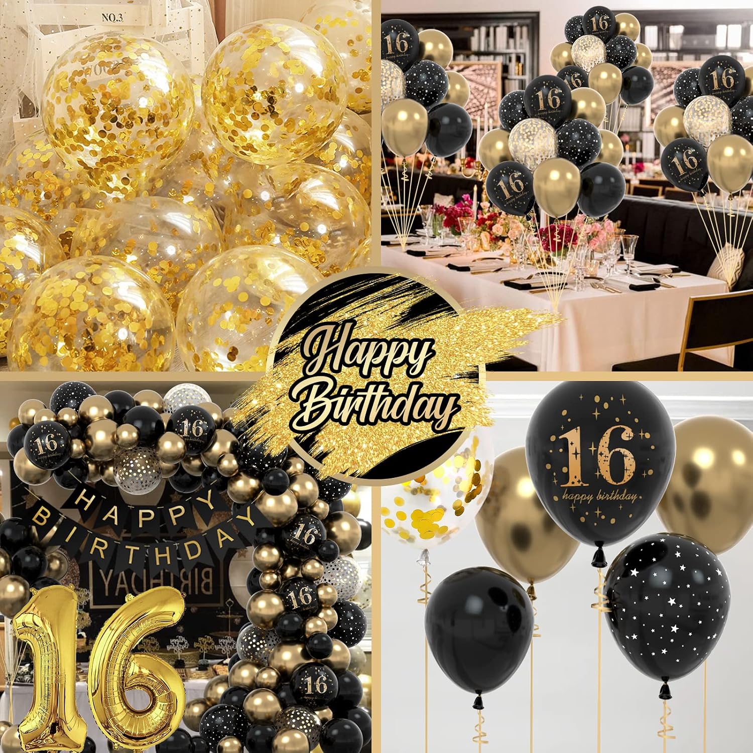 Detalle 2 de 16 Geburtstag Deko-Set Schwarz-Gold für Jungen und Mädchen – Ballonbogen, Girlande & Konfetti-Ballon