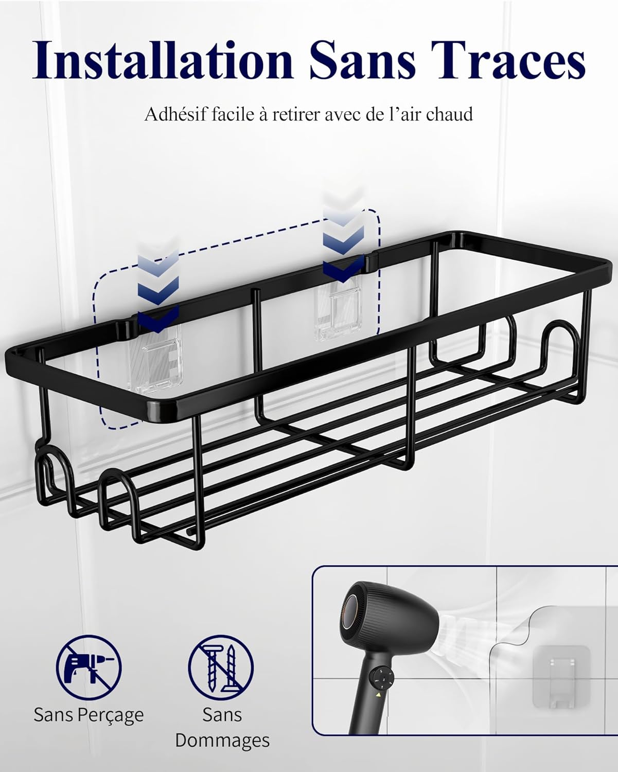 Detalle de Kitsure Étagère de Douche Sans Perçage – Lot de 2, Rangement Murale en Acier Inoxydable avec Crochets (Noir)
