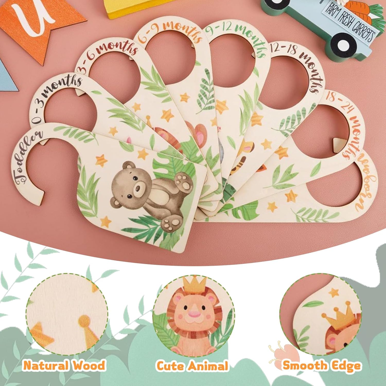 Thumbnail 2 de 8Pcs Baby Wardrobe Dividers (Wood) – Cartoon Animal Double-Sided Age Hangers for 0–24 Months & Toddlers
