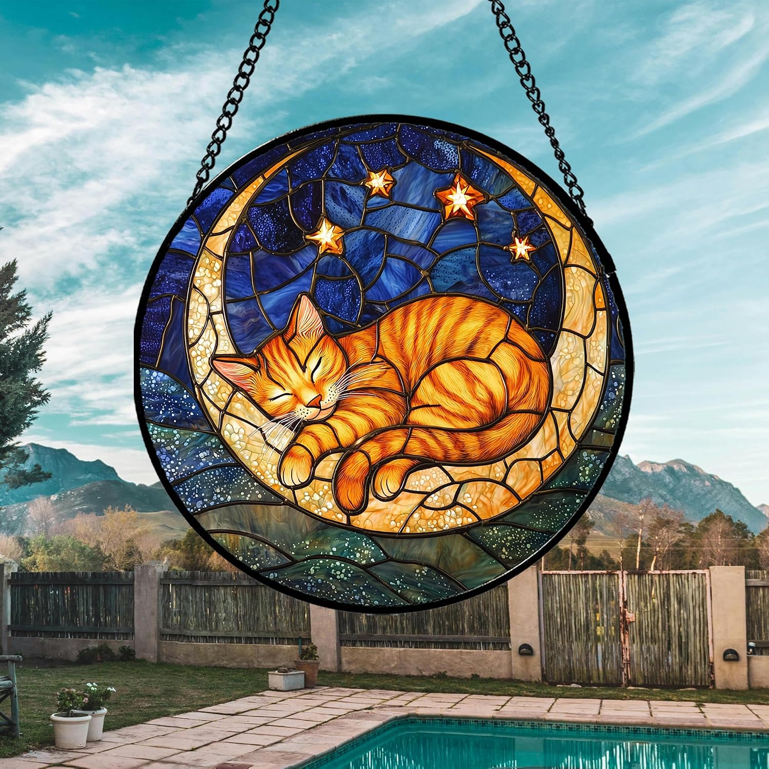 Detalle de AMDERVEN Orange Cat Moon Window Suncatcher, 9.8-Inch Blue Starry Sky