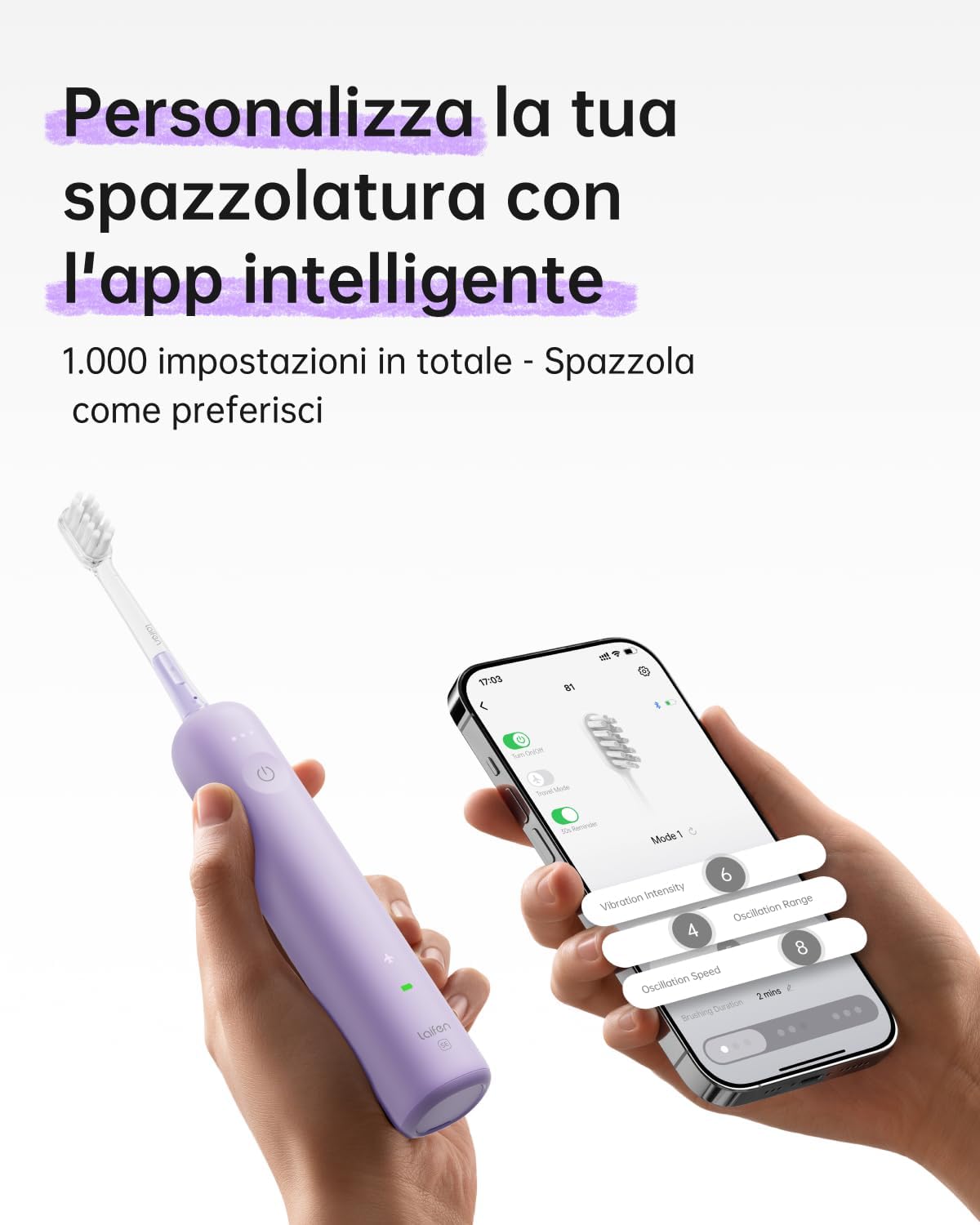 Thumbnail 5 de Laifen Wave Special Spazzolino Elettrico Sonico con Oscillazione & Vibrazione e App, IP68, 2 Testine di Ricambio (Viola)