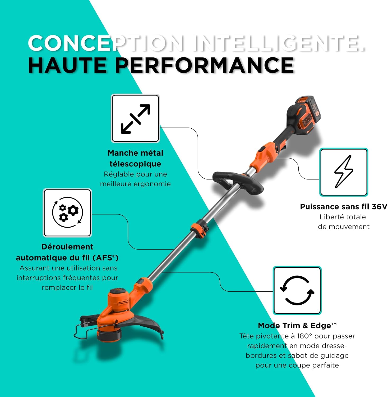 Detalle de BLACK+DECKER Coupe-Bordures sans Fil 36V BCSTA536L1-QW – Performance brushless et tête 180°
