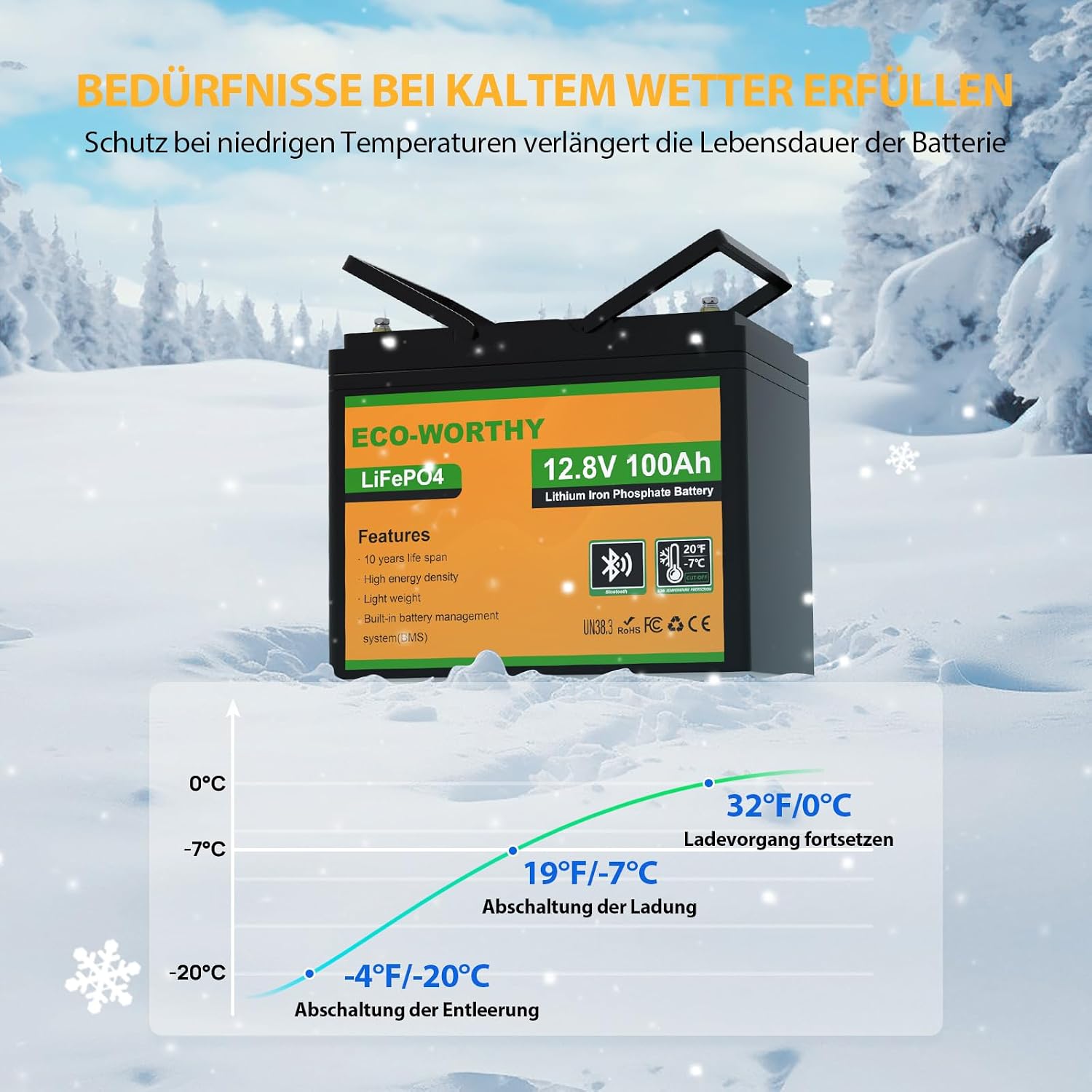 Detalle de ECO-WORTHY 12 V 100 Ah LiFePO4-batteri med Bluetooth och lågtemperaturskydd