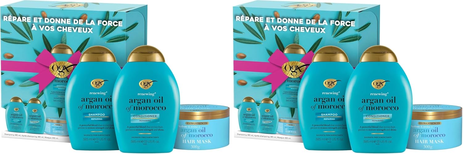 Detalle de OGX Coffret Soin Cheveux Huile d'Argan du Maroc (Shampooing + Après-Shampooing + Masque) – Lot de 2 pour cheveux secs et abîmés