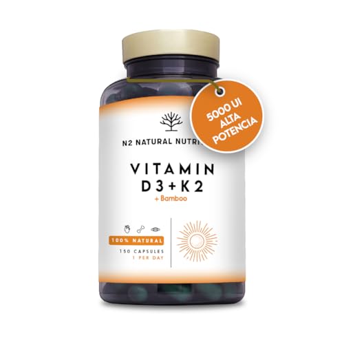 Detalle de N2 Natural Nutrition Vitamina D3 y K2 (MK7) 5000 UI + 200 µg, con Silicio y Bamboo. 150 cápsulas
