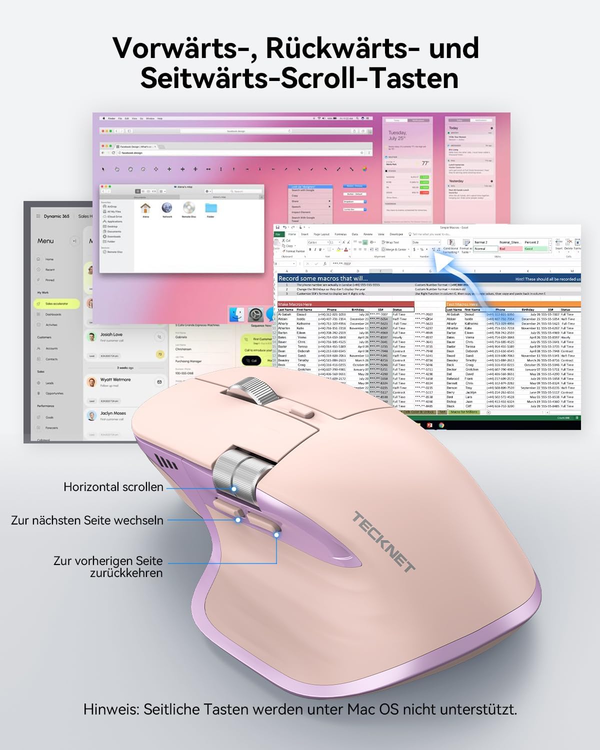 Detalle de TECKNET Bluetooth Maus kabellos – BT5.3/5.0 + 2,4 GHz, seitliches Mausrad, 4800 DPI, 7 Tasten, USB‑C Aufladung, rosa (Rechtshänder)