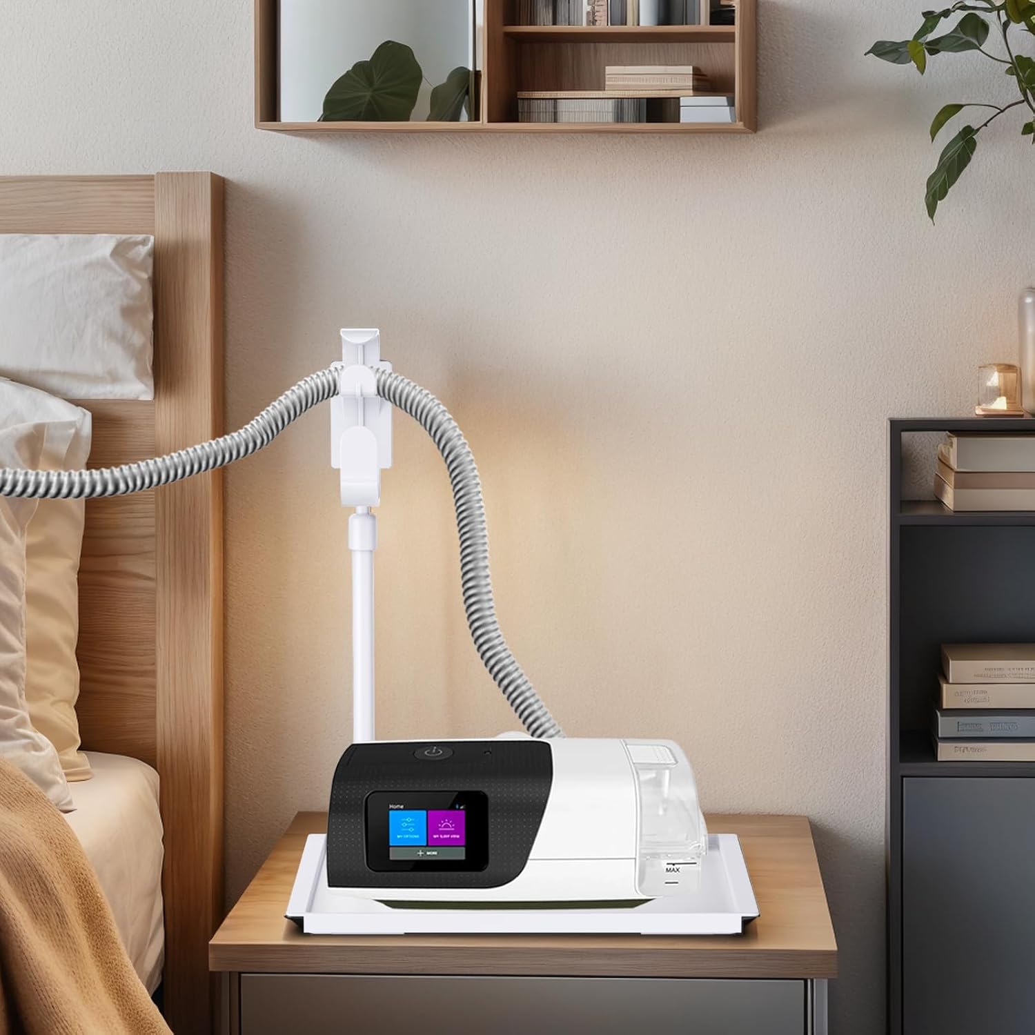 Detalle 2 de KAEDLEY Retractable CPAP Hose Holder with Adjustable Hanger and Bedside Tray