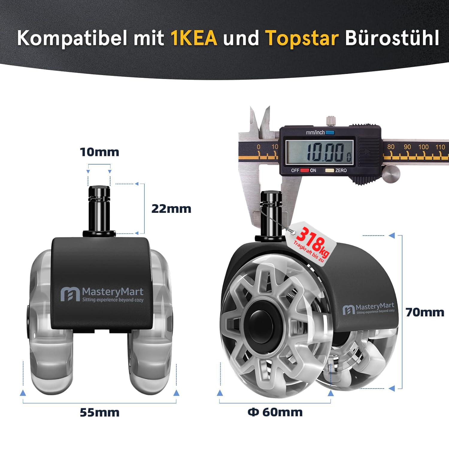 Thumbnail 1 de Mastery Mart set di 5 ruote per sedia ufficio in poliuretano da 10 mm (ricambio per perno 10 x 22 mm), grigio