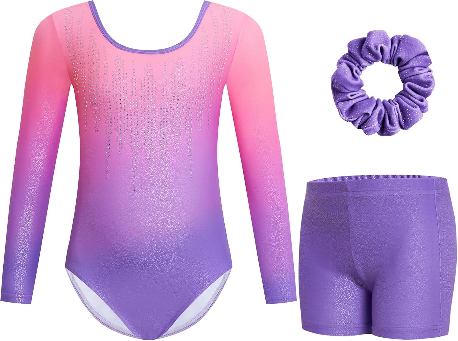 Thumbnail 4 de Gogokids Girls Three-Piece Gymnastics Leotards Set (Long Sleeve, Shorts & Hairband) with Gradient Sequin Design