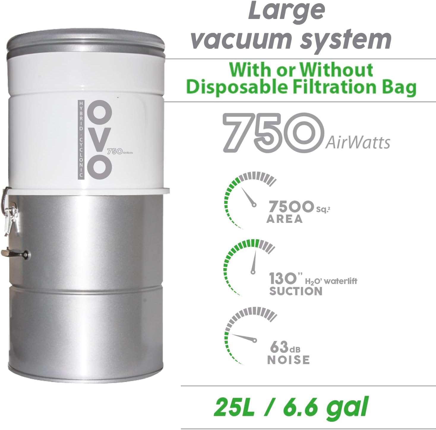 Detalle 2 de OVO PAK7525CD-35 Central Vacuum System, 750 Airwatts, 25 L, 35 ft Kit