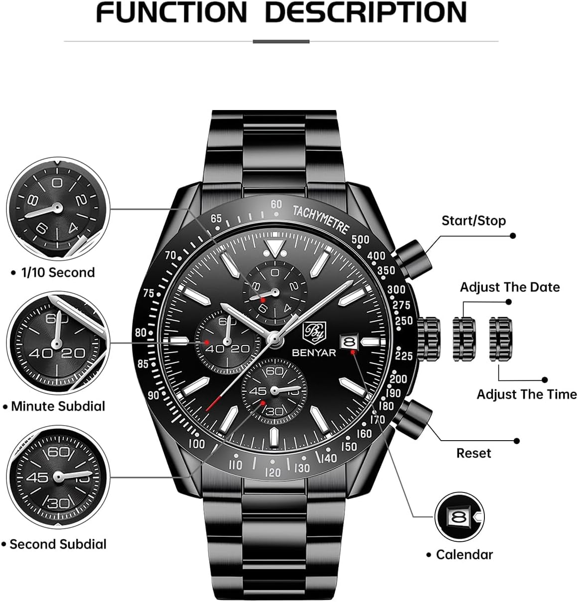 Thumbnail 6 de BY BENYAR Men's Analog Quartz Chronograph Watch, 45 mm Blue Dial, Steel Bracelet