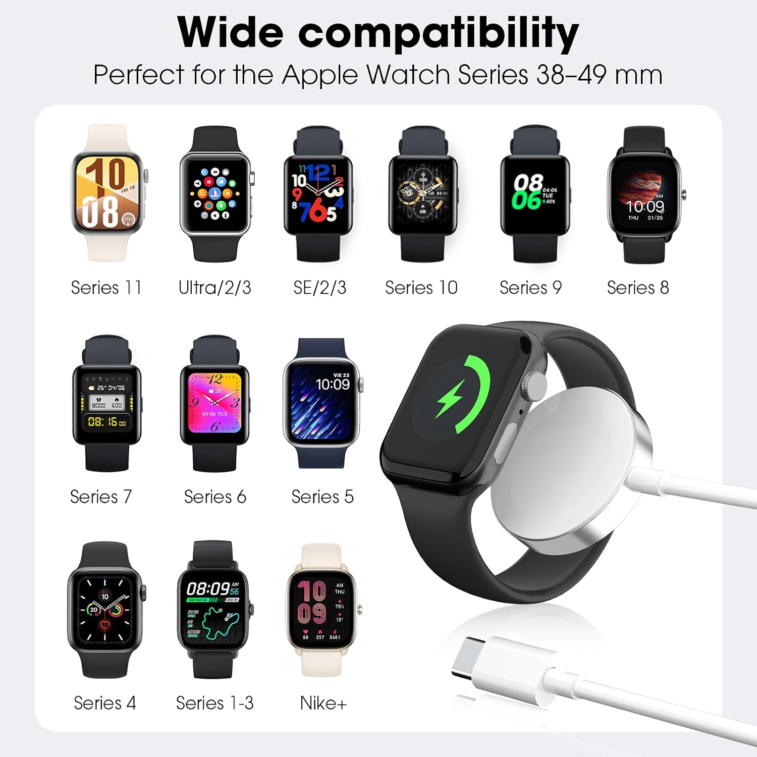 Detalle de 2-Pack USB‑C Fast Apple Watch Charger Set for Magnetic Charging (1M) – Compatible with iWatch Ultra to Series 1–8