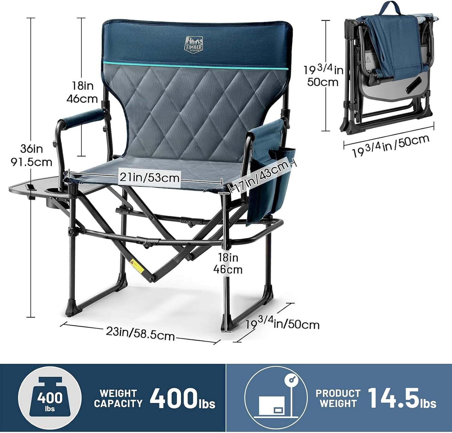 Detalle de TIMBER RIDGE TR-DC-1026 Folding Camping Chair with Side Table and Pocket