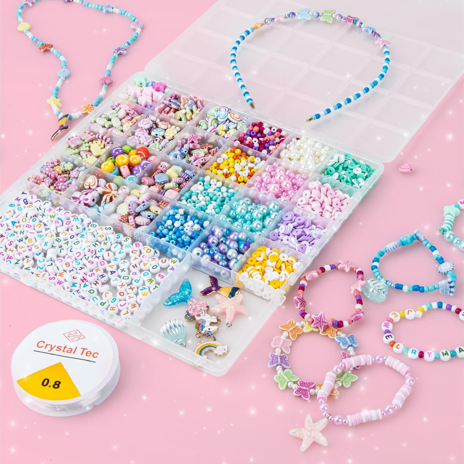 Detalle 2 de snookids Perlen für Armbänder Bastelset für Kinder ab 6 Jahren – über 2.200 Perlen, elastische Kristallschnur & Box