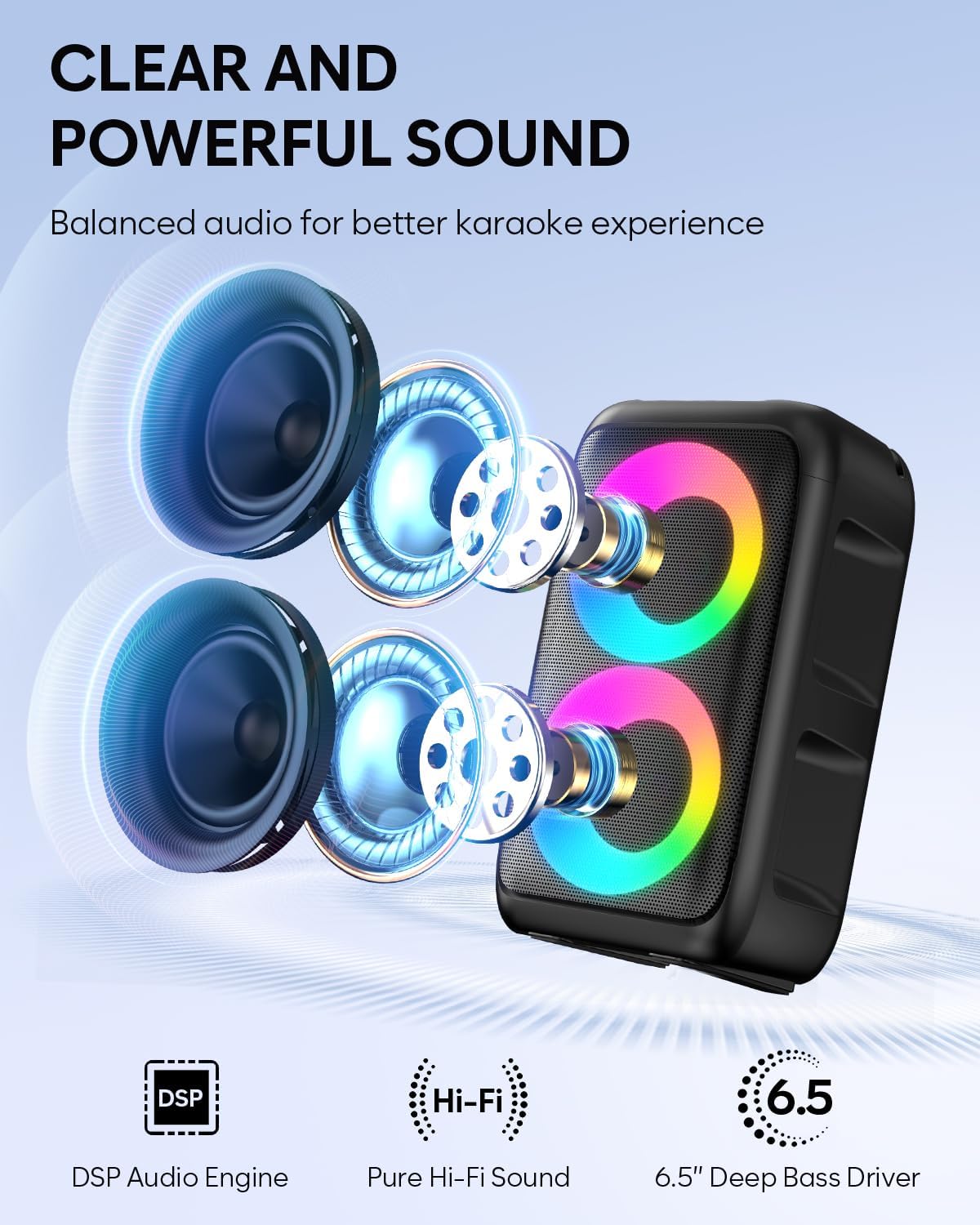 Detalle de HEEBUKE Karaoke Maschine mit 2 kabellosen Mikrofonen – Tragbarer Bluetooth Lautsprecher 2x10W