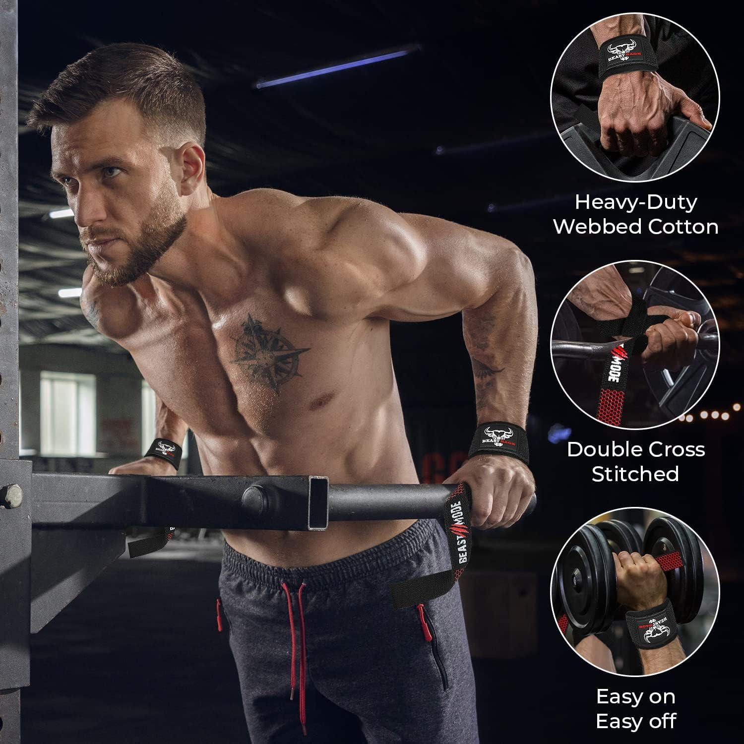 Detalle de BEAST RAGE Weight Lifting Straps with Padded Neoprene Wrist Support – Heavy Duty Cotton Wraps
