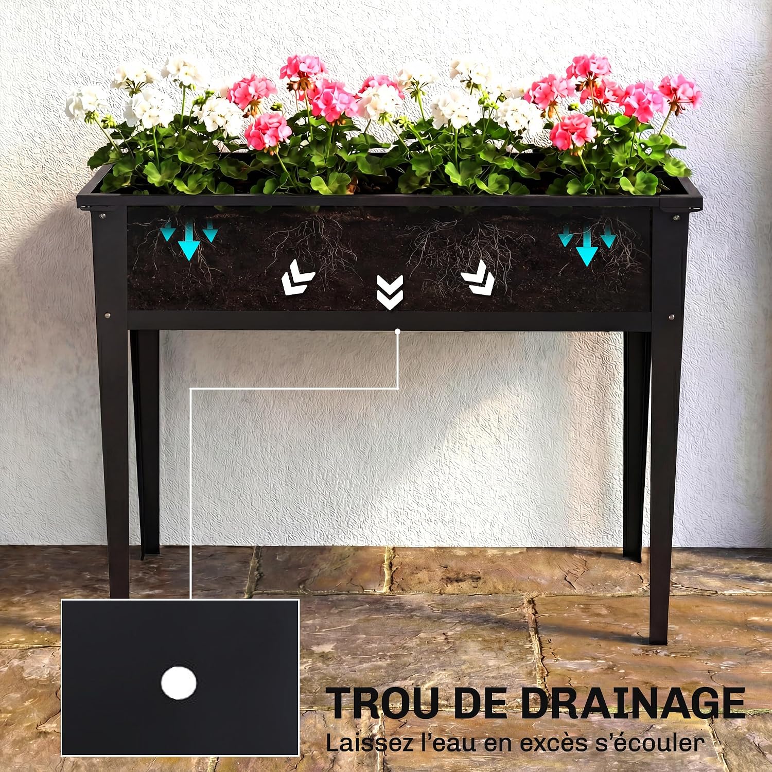 Detalle de Potager sur pieds Outsunny 80 L en métal, 100 x 40 x 80 cm (noir)