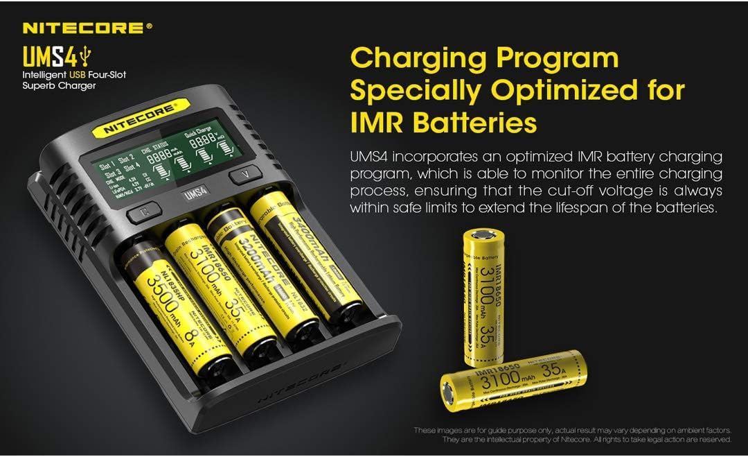 Detalle de Nitecore UMS4 USB-batterijlader met vier laadpoorten en maximaal 3000 mA
