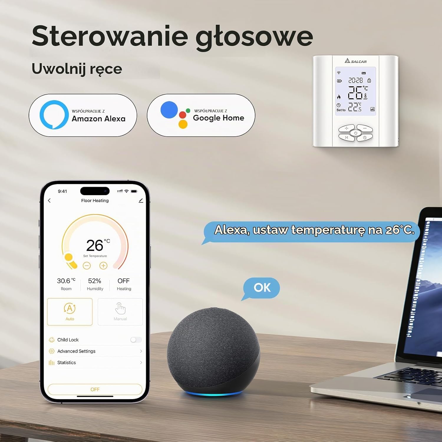 Detalle de SALCAR termostat WiFi do kotła i wodnego ogrzewania podłogowego, Tuya