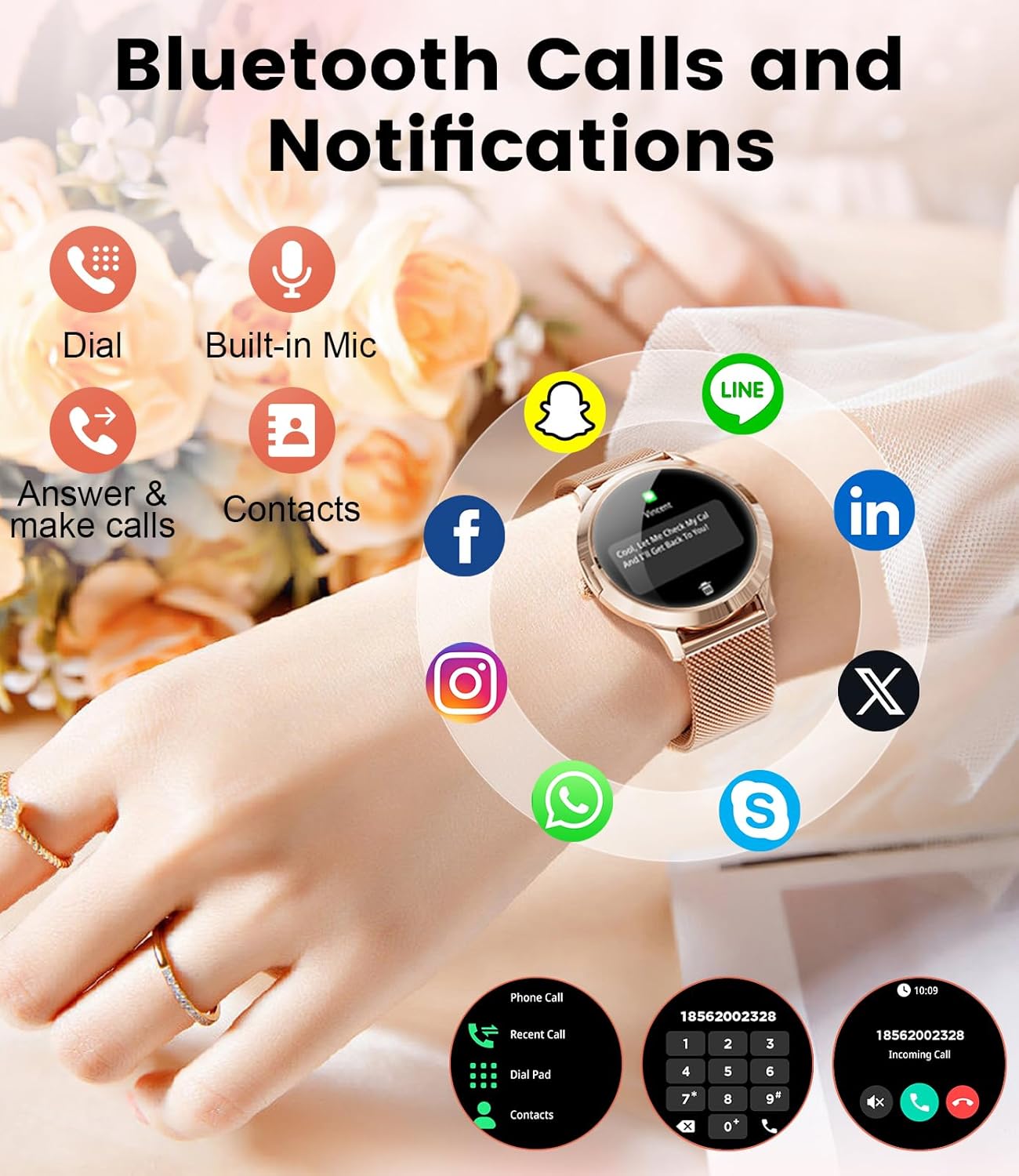 Detalle 2 de HIRREO Smartwatch intelligente da donna AMOLED sottile da 1,32" (7,9 mm) con cinturino in maglia e silicone