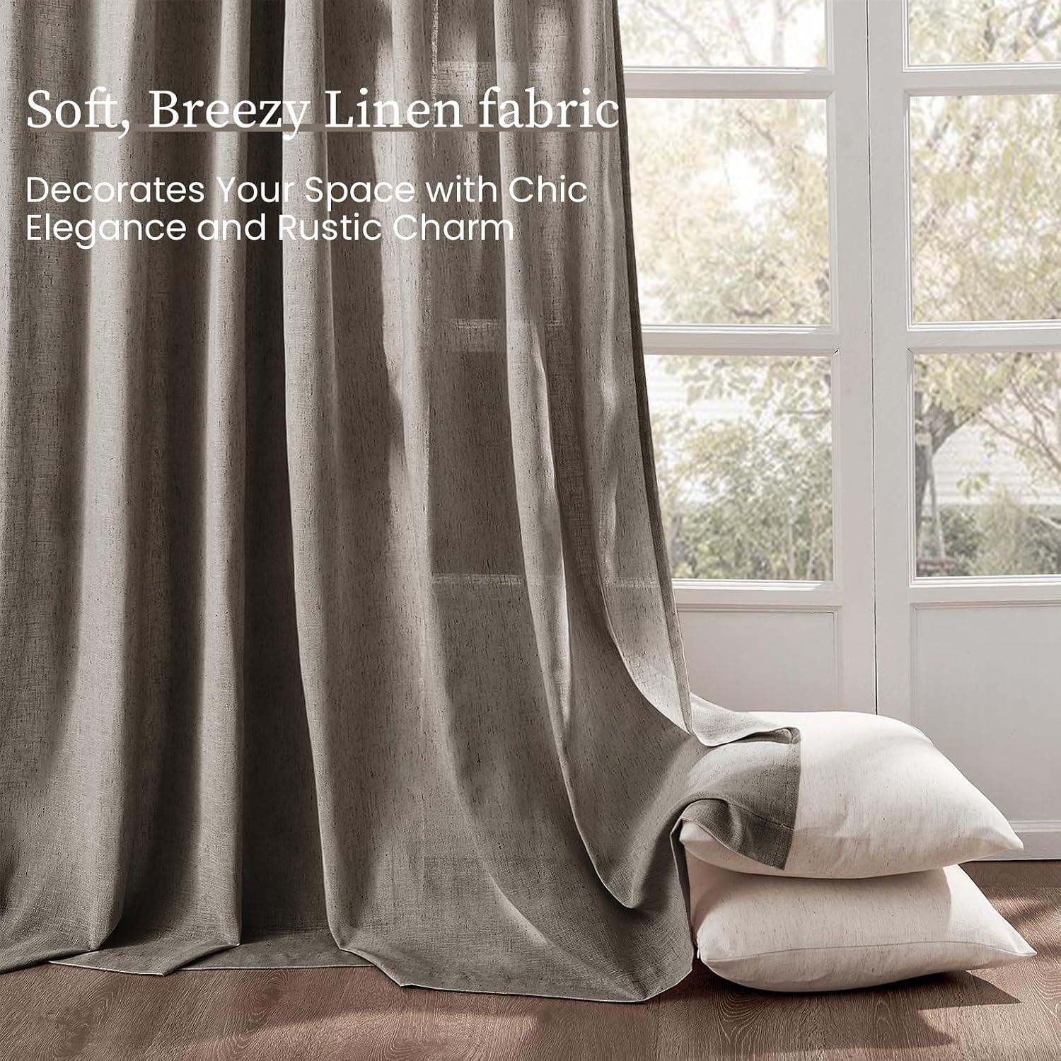 Detalle de Drapenova 96-Inch Linen-Blend Curtain Panels, Light-Filtering, Tan, Grommet Top
