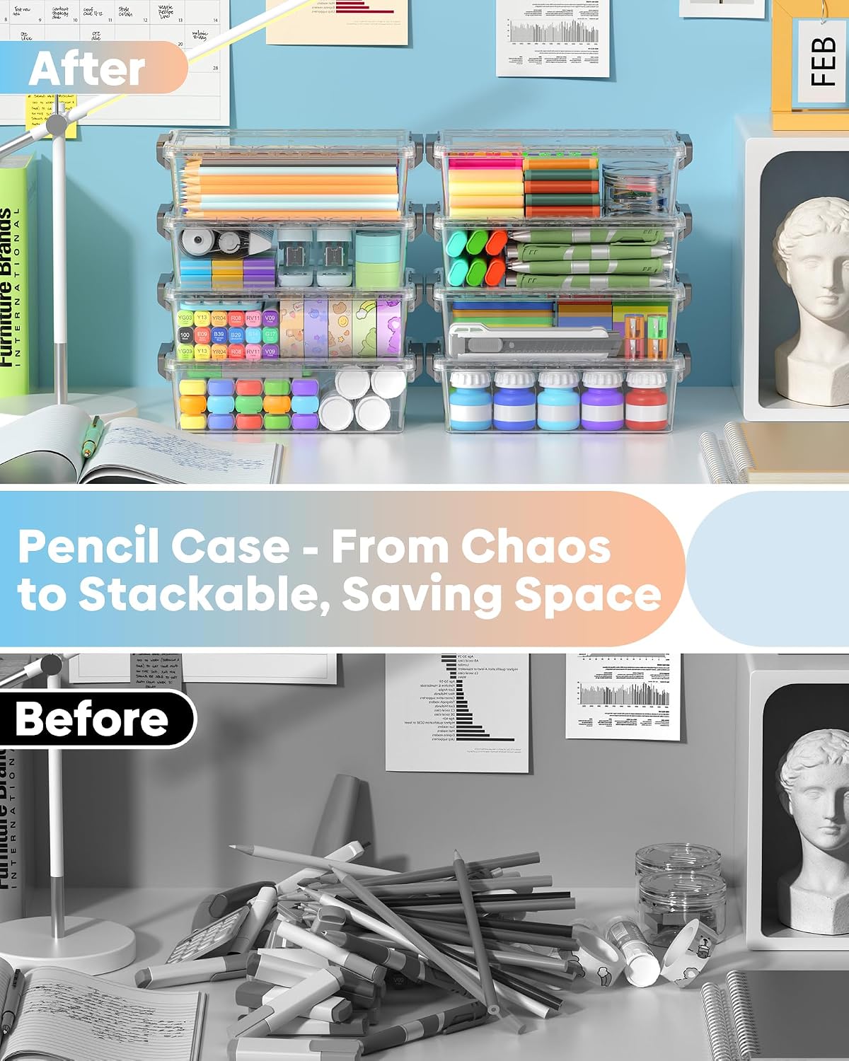 Detalle 2 de BiuLeon U4 Pencil Box Set, 8-Pack Stackable Clear Plastic Organizers