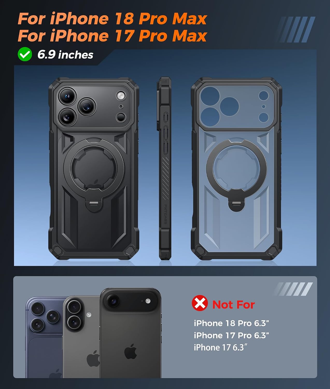 Detalle 2 de FNTCASE for iPhone 17 Pro Max Case with MagSafe + 360° Magnetic Kickstand + Tempered Glass Screen Protector (Black)
