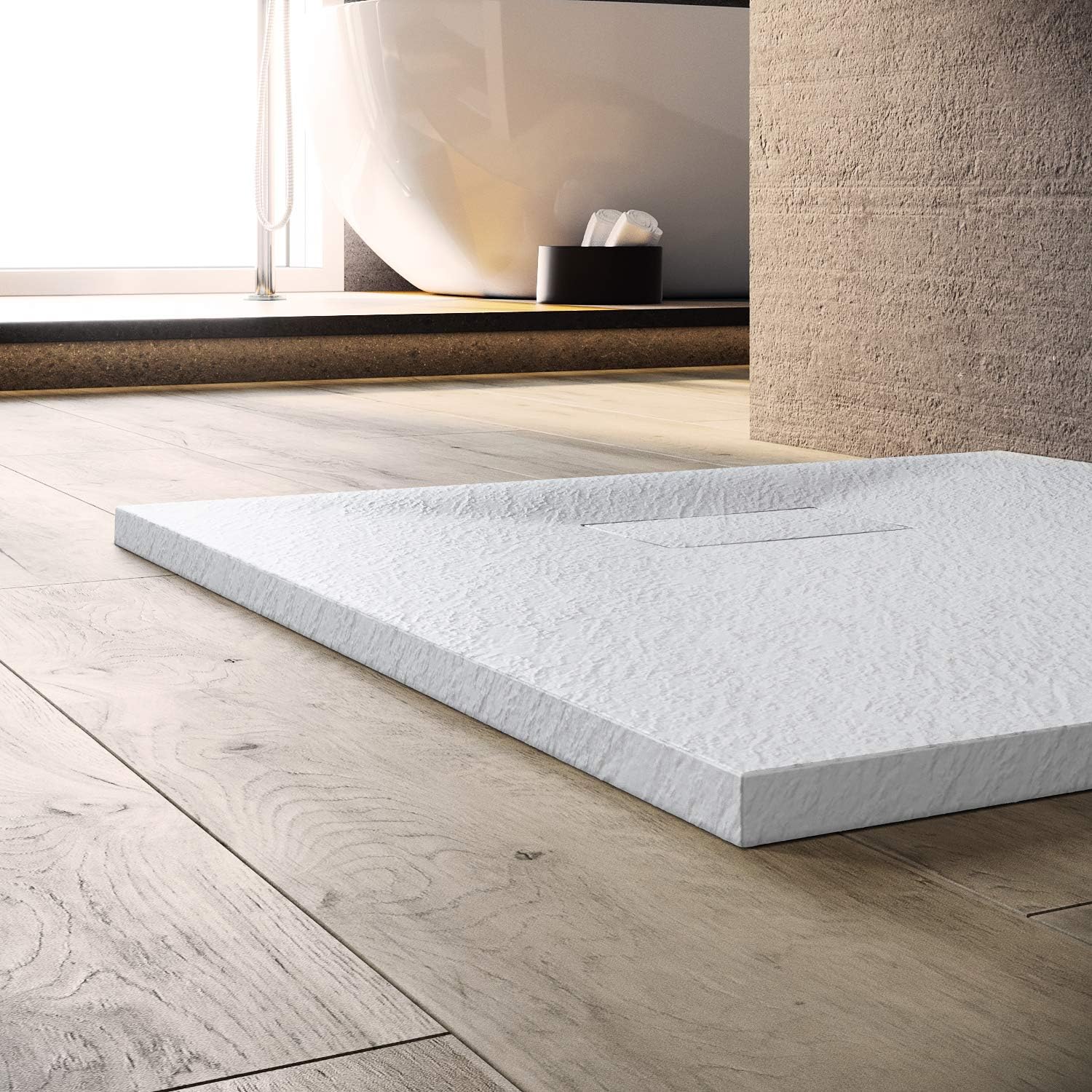 Detalle de SONNI Duschwanne 80x80 cm – Schieferoptik, rutschfest, Slimline 30 mm mit verstecktem Ablauf