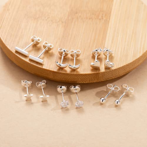 Detalle 2 de PABBEU 6 Pairs Sterling Silver Stud Earrings – Star, Moon, Ball and Heart Designs