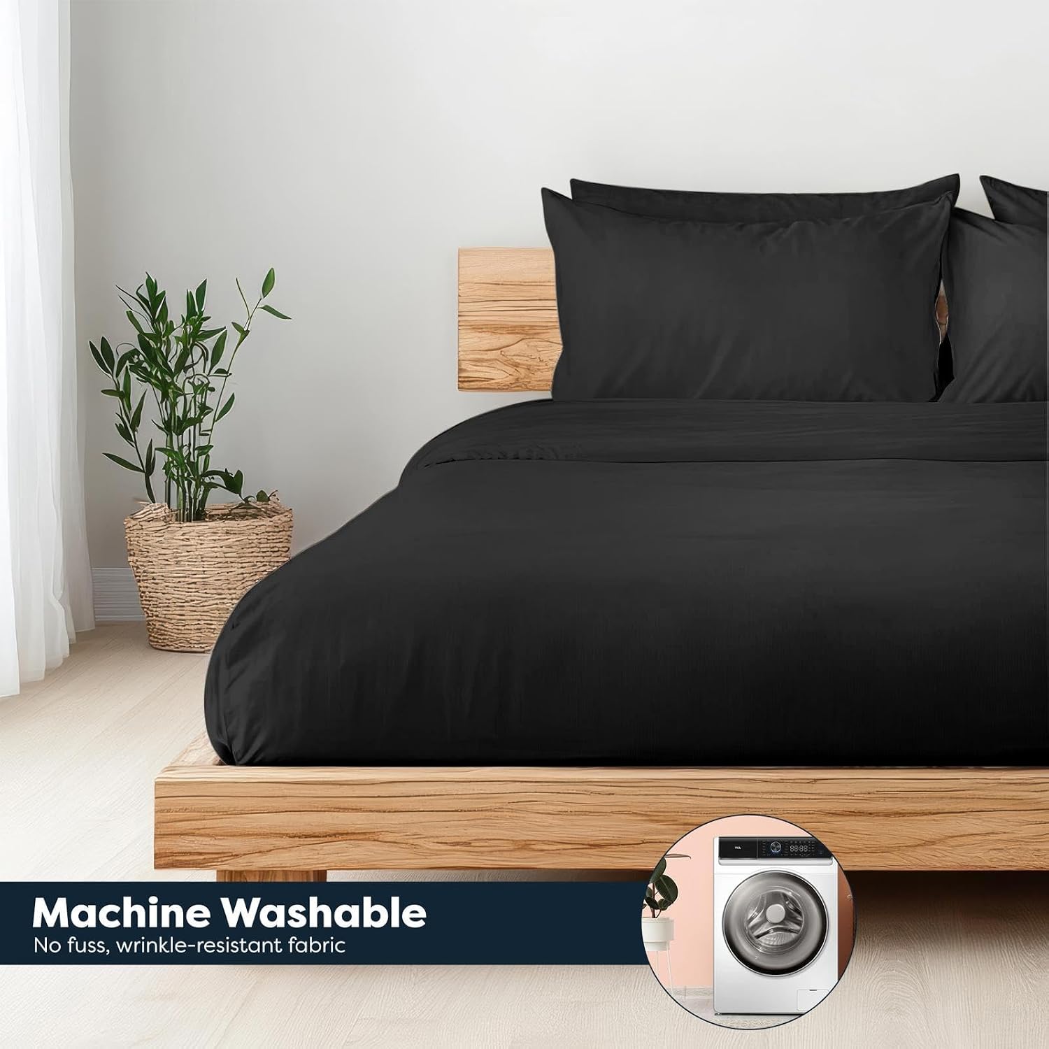 Detalle 2 de CHCOMFORT ChComfort Deep King fitted sheet with 2 matching pillowcases in black microfibre