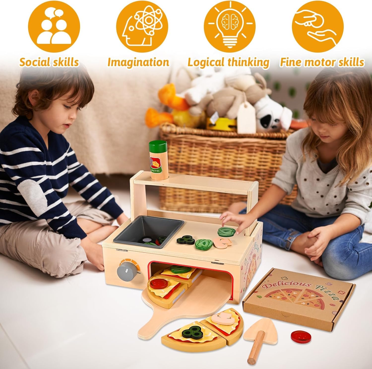 Thumbnail 5 de Wooderma 50-Piece Wooden Pizza Toy Set for Role Play, 3–7 Years