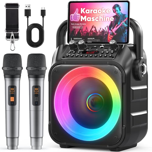 Detalle de Singingmate Karaoke Maschine mit 2 kabellosen Mikrofonen – tragbare Karaoke Box, Bluetooth Lautsprecher, TV-kompatibel