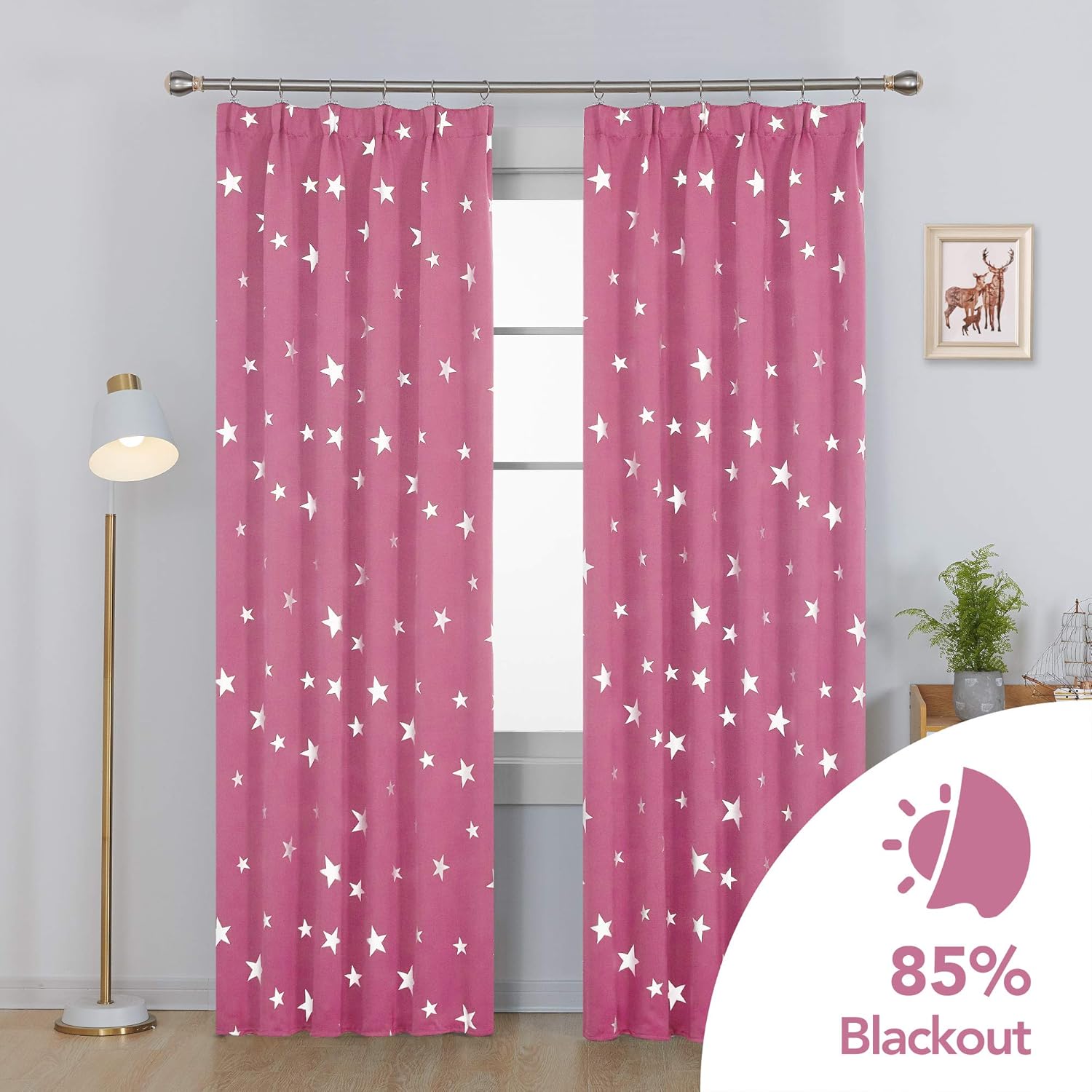 Thumbnail 1 de Deconovo Stars Foil Printed Thermal Insulated Curtains – 2 Panels, 52 x 95 Inch (Pink)