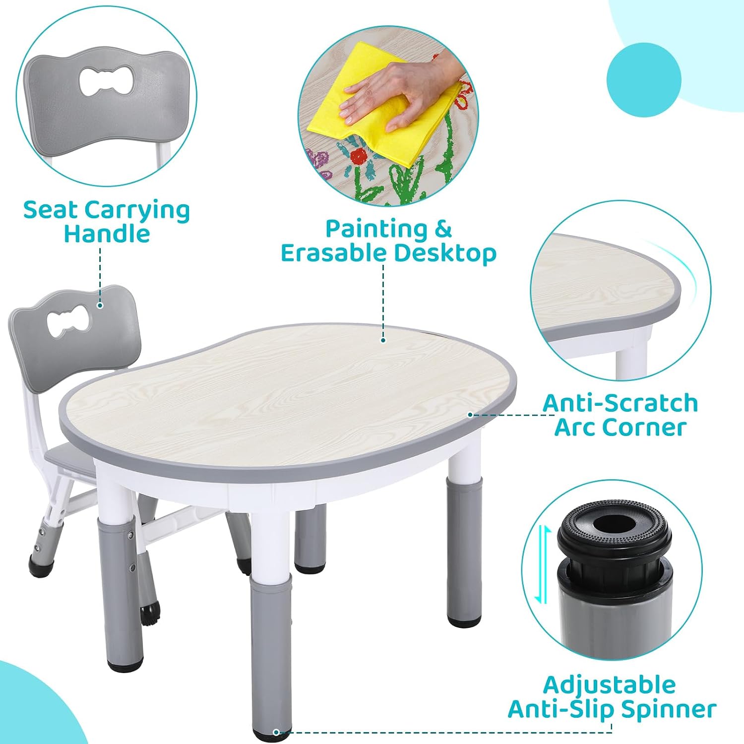 Detalle de Clevich Kids Table with 2 Chair Sets — Height Adjustable Peanut-Shaped Art Table for Ages 2–10